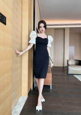 Two-Toned Puff Sleeve Column Midi Dress